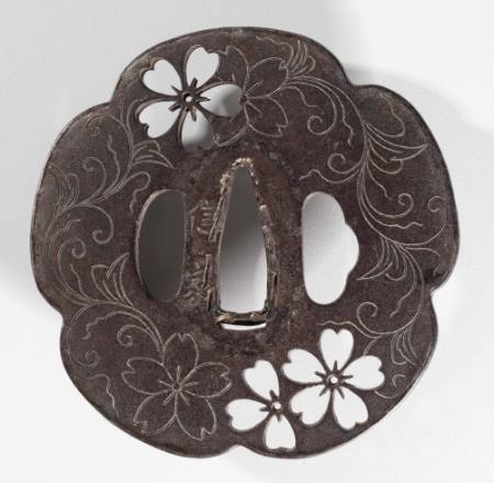 Five-lobed tsuba with pierced and engraved cherry blossoms