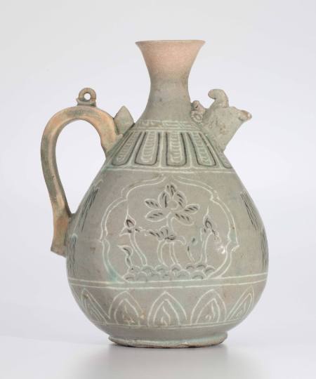 Ewer with dragon spout and lotus pond design, Buncheong ware