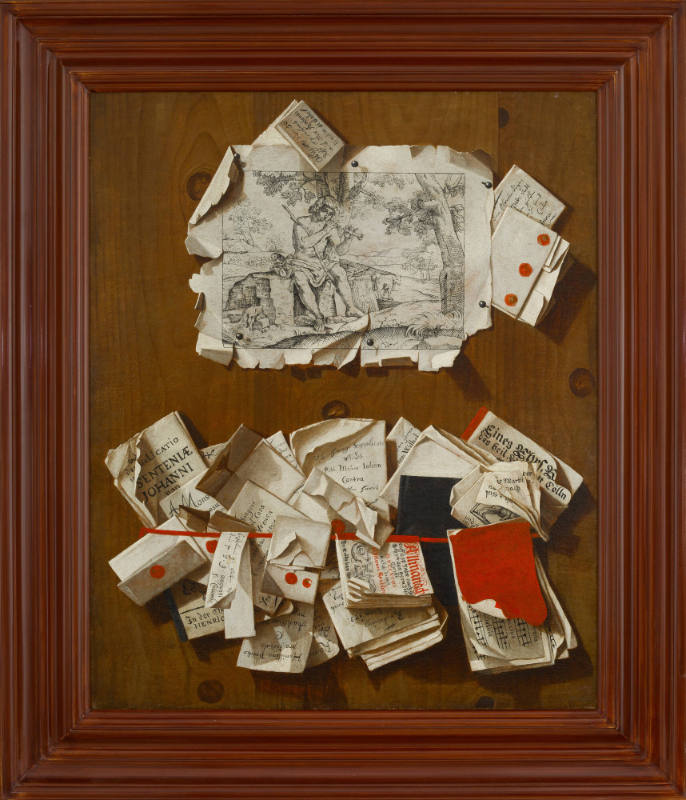 Trompe l’oeil of letters, documents, music, an almanac, and an etching on a wooden board