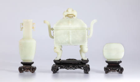 Three piece altar set, consisting of an oblong incense burner, bottle base and incense box, 18th century