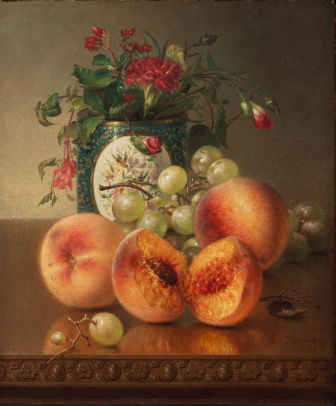 Still life with three peaches, green grapes, and cloisonne vase with one red carnation and bleeding hearts