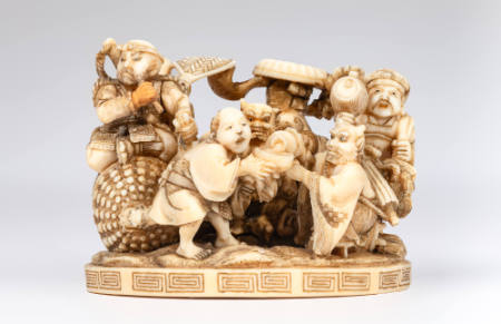 Oki netsuke with design of Benkei and Gods of Good Fortune
