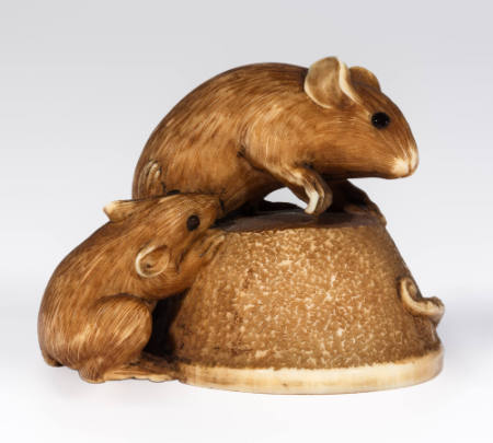 Netsuke of Rats on Overturned Bowl