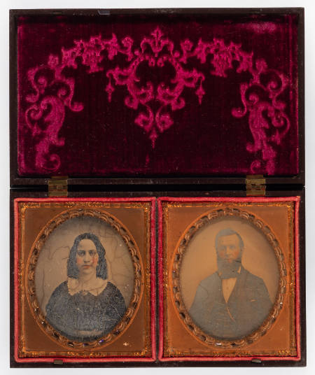 Untitled [(Left image) Woman with long ringlets, cheeks enhanced in red; (Right image) Bearded man, cheeks enhanced in red]