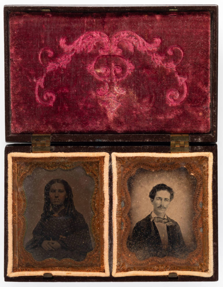 Untitled [(Left image) Young woman with long ringlets; (Right image) Young man with mustache; both figures with cheeks enhanced in red and gold-painted jewelry]