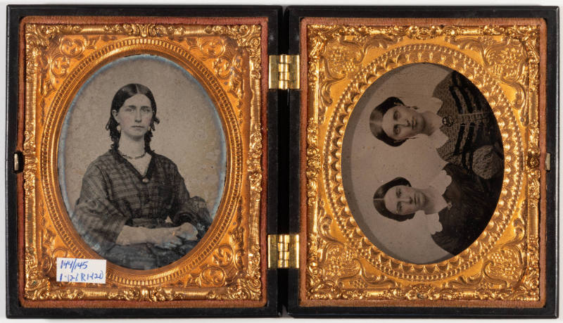 Untitled [(Left image) Single young woman in striped dress, cheeks enhanced in red, jewelry painted in gold; (Right image) Two young women, hair pulled back, cheeks enhanced in red]