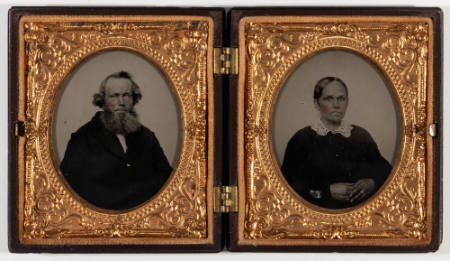 Untitled [(Left image) Older man with large beard; (Right image) Older woman, hands clasped in lap; both with cheeks enhanced in red, jewelry painted gold]