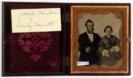 Untitled [Man and woman identified as Josiah Hayden and Emily Hewitt; cheeks enhanced in red, buttons and jewelry painted gold]