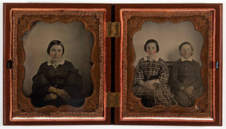 Untitled [(Left image) Woman seated with hands crossed, cheeks enhanced in red; (Right image) Two children seated on a bench, hands crossed, cheeks enhanced in red]