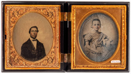 Untitled [(Left image) Young man with goatee, cheeks enhanced in red; (Right image) Young girl in checked dress, cheeks enhanced in red]