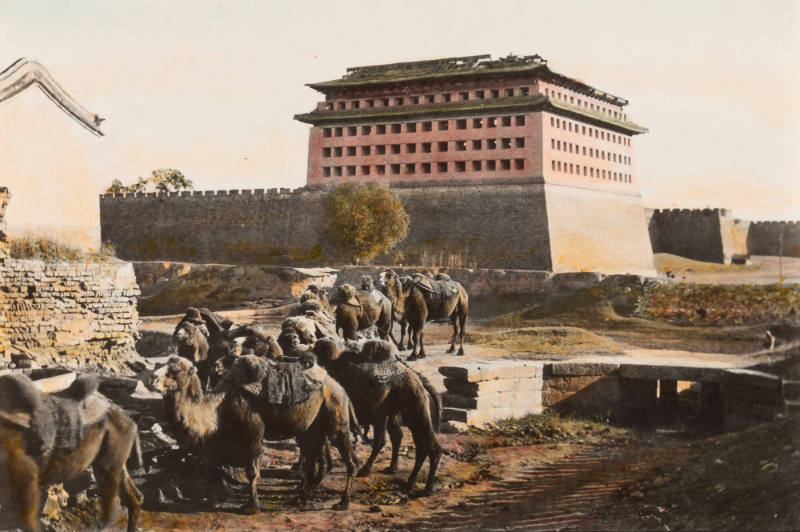 Tower on the city wall, Beijing, with camels in the foreground