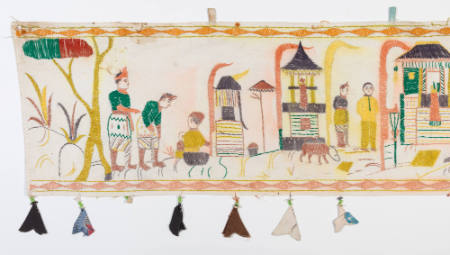 Eave hanging (ider-ider) depicting a gamelan and dancers
