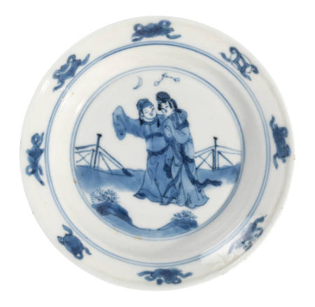 Small saucer dish with scene of scholar & lady in garden