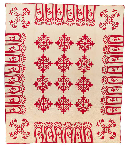 "Oak Leaf and Currants" pattern quilt, with "Lily of the Valley" border
