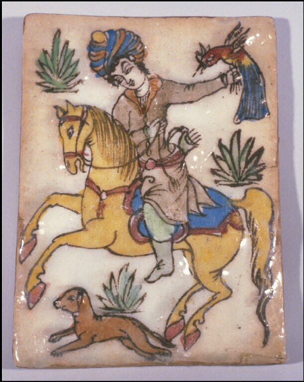 Mounted falconer with hound