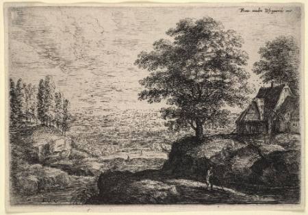 Landscape with house and figure at left, low hills in far distance