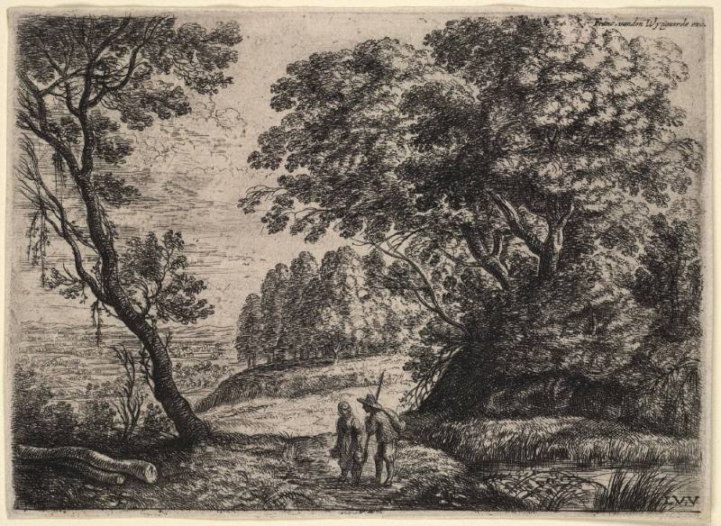 Landscape with two figures lower center, pond with rushes at right (from set of 6)