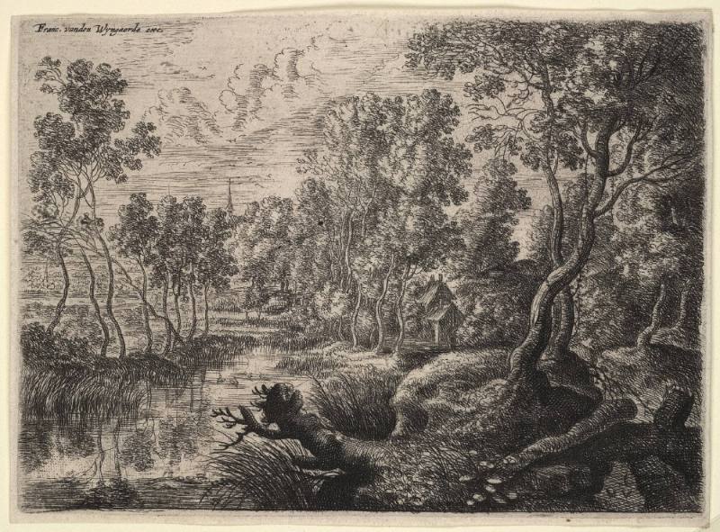 Landscape with houses at right, church steeple in far distance