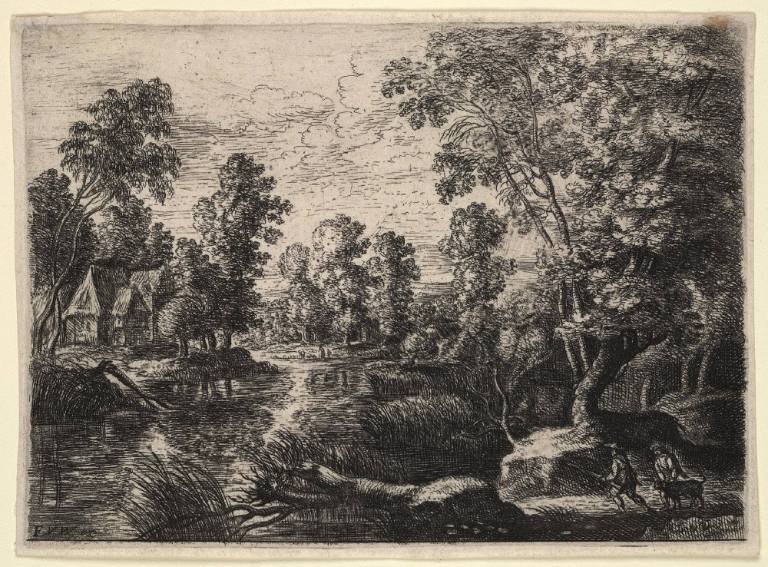 Landscape, with house at left, two figures and dog at right