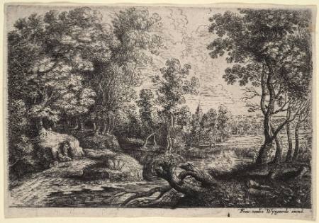 Landscape, with 2 Figures resting at left, distant landscape through four trees at right