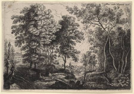 Landscape, with 2 Figures resting at left, distant field being ploughed at far left