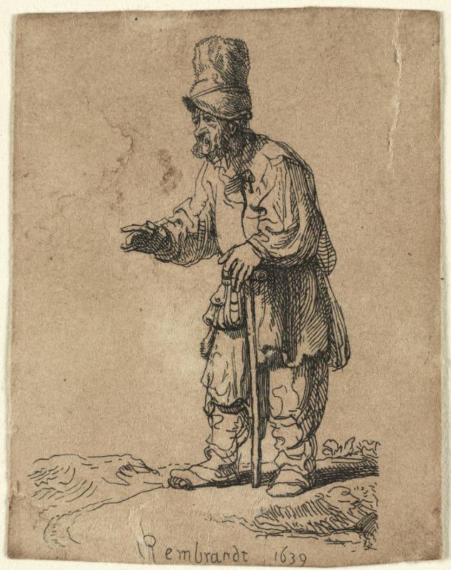 A Peasant in a High Cap, Standing Leaning on a Stick