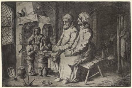 Interior Scene with seated man and woman, both with hands clasped