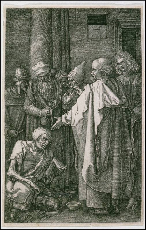 Saints Peter and John Healing the Lame Man.  From the Engraved Passion (Copper-plate Passion). 16th plate in 16 subject order.