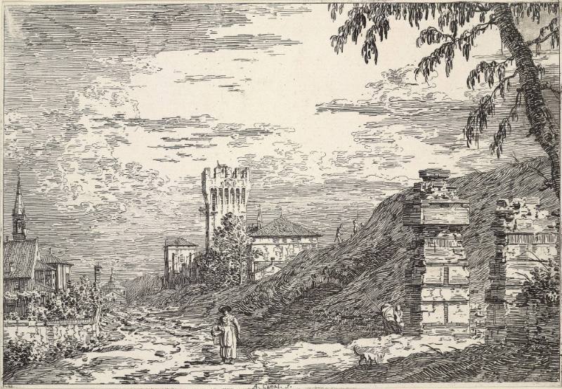 Paysage avec un Donjon et deux Piliers en Ruins