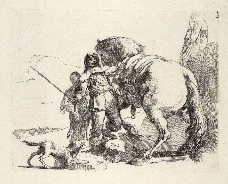 Soldier with Horse and Attendant, Plate X from the Capricci series.