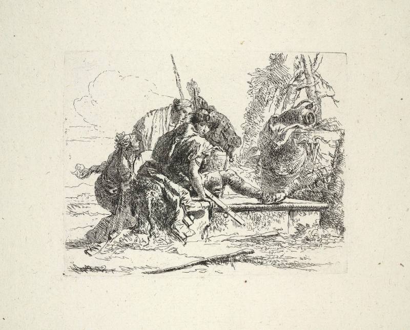 Soldier Seated on a Tomb, with Surrounding Figures, Plate III from The Capricci Series