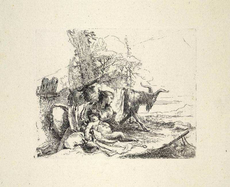 Woman, Satyr Child, and Goat in Landscape, Plate V from The Capricci Series