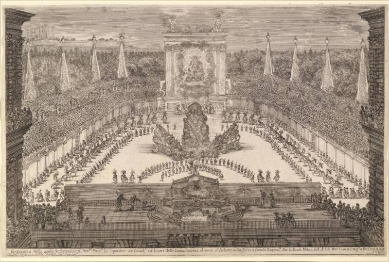 Il Mondo Festeggiante (Tuscan prince, carriages and cavalrymen grouped around Mt. Atlas)