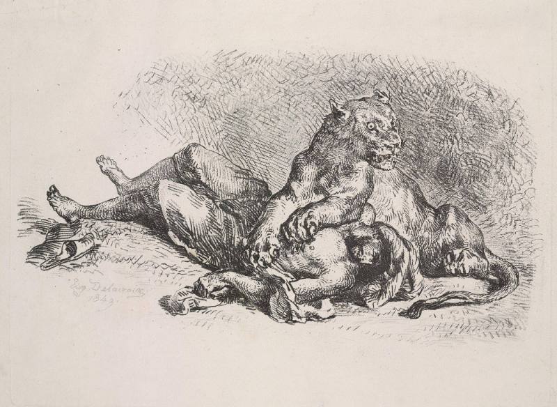 Lionne déchirant la poitrine d'Un Arabe