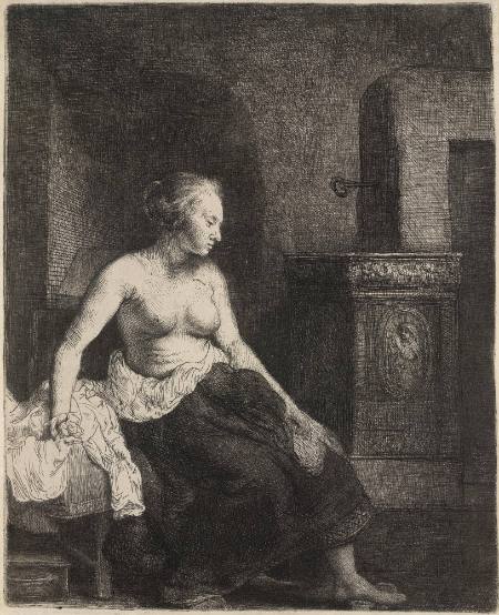 Woman Sitting Half-Dressed Beside a Stove