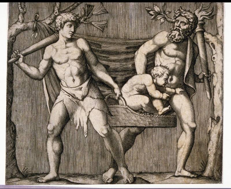 Two Fauns Carrying a Child in a Basket