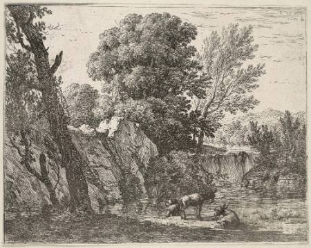 Man and Two Donkeys by a Stream
