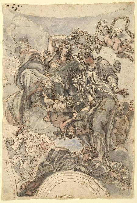 Temperance (crowned by Fame) "Virtues" - Design for the Pendentive Frescoes of Sant Agnese in Piazza Navona Rome (4 drawings)