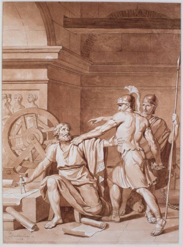 Archimède tué par un soldat romain (Archimedes killed by a Roman soldier while trying to finish a geometric operation)
