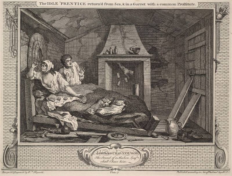 Industry and Idleness: plate 7 The Idle 'prentice returned from Sea & a Garret with a Common Prostitute