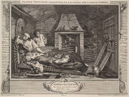 Industry and Idleness: plate 7 The Idle 'prentice returned from Sea & a Garret with a Common Prostitute