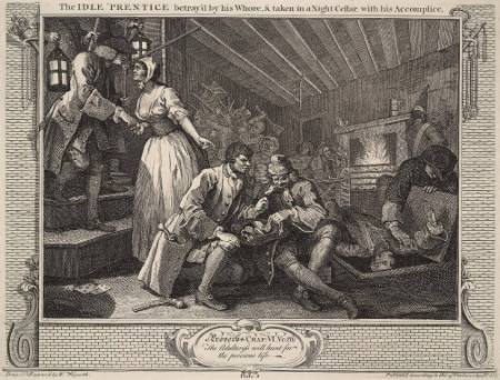 Industry and Idleness: plate 9 The Idle 'prentice betrayed by his Whore and Taken in a Night Cellar with his Accomplice