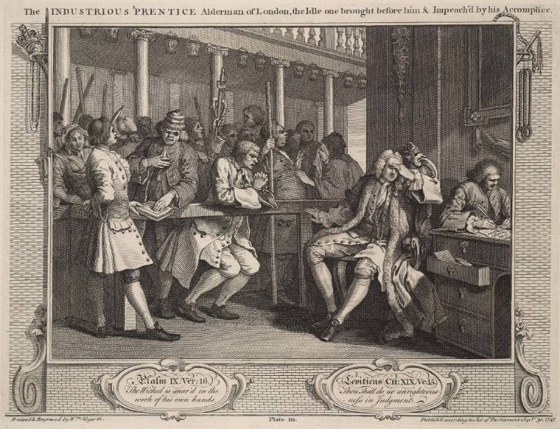 Industry and Idleness: plate 10 The Industrious 'prentice alderman of London, the idle one Brought before him and Inpeached by his Accomplice