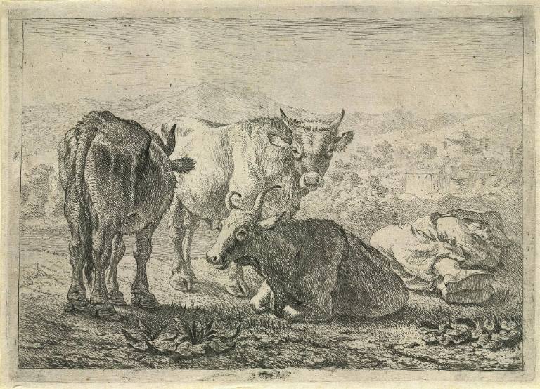 Horned Cattle and a Sleeping Shepherd, Plate 3 from the Set of Various Animals