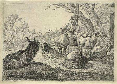 The Buck, Two Goats and Three Sheep Near the Woman with the Reel, Plate 5 from the Set of Various Animals