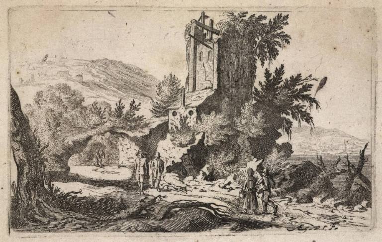 Landscape with Pedestrians on a Path by Ruins and a Natural Arch
