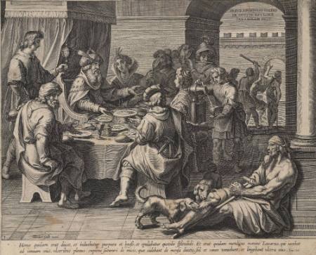 Lazarus as a beggar at the foot of the table of a rich man