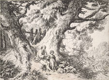 Old Trees, with an Old Man, A Girl, and a Dog