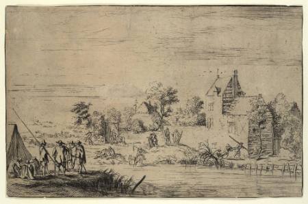 Soldiers in front of a Village at the Bank of a River