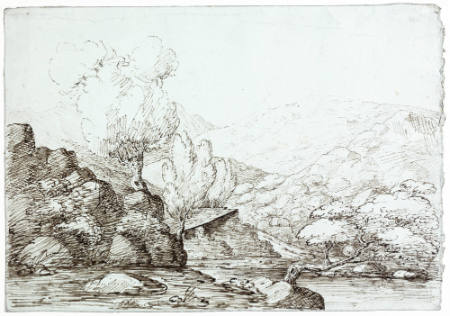 Untitled [landscape with stream and hills]
